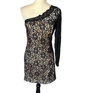 Alexia Admor Womens S Black Asymmetric One Shoulder Lace Top Elegant Edgy